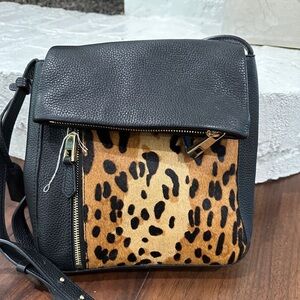 Vince Camuto Jann Leather Crossbody in Black and Leopard